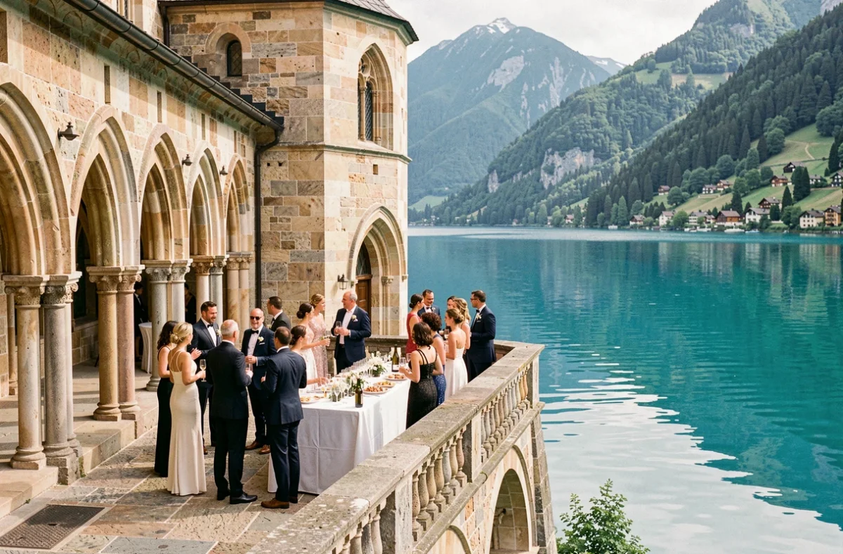 Réception de mariage en terrasse de l'Abbaye de Talloires au bord du lac d'Annecy avec vue sur les montagnes