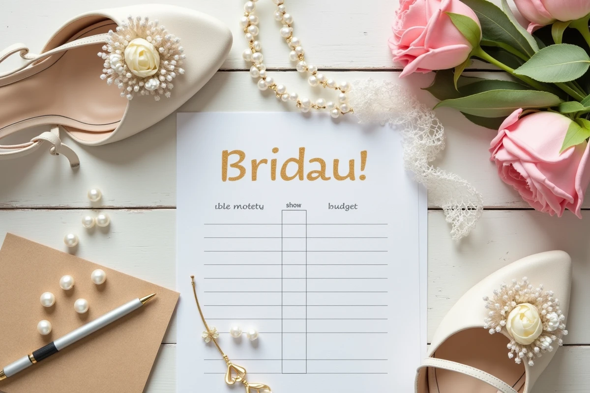 Accessoires de mariage et liste de budget posés à plat sur une table en bois rustique