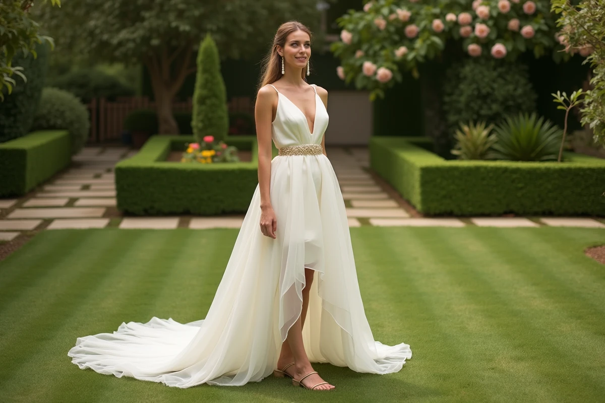 Mariée en robe asymétrique courte devant longue derrière avec ceinture dorée et sandales nude dans un jardin de mariage en plein air