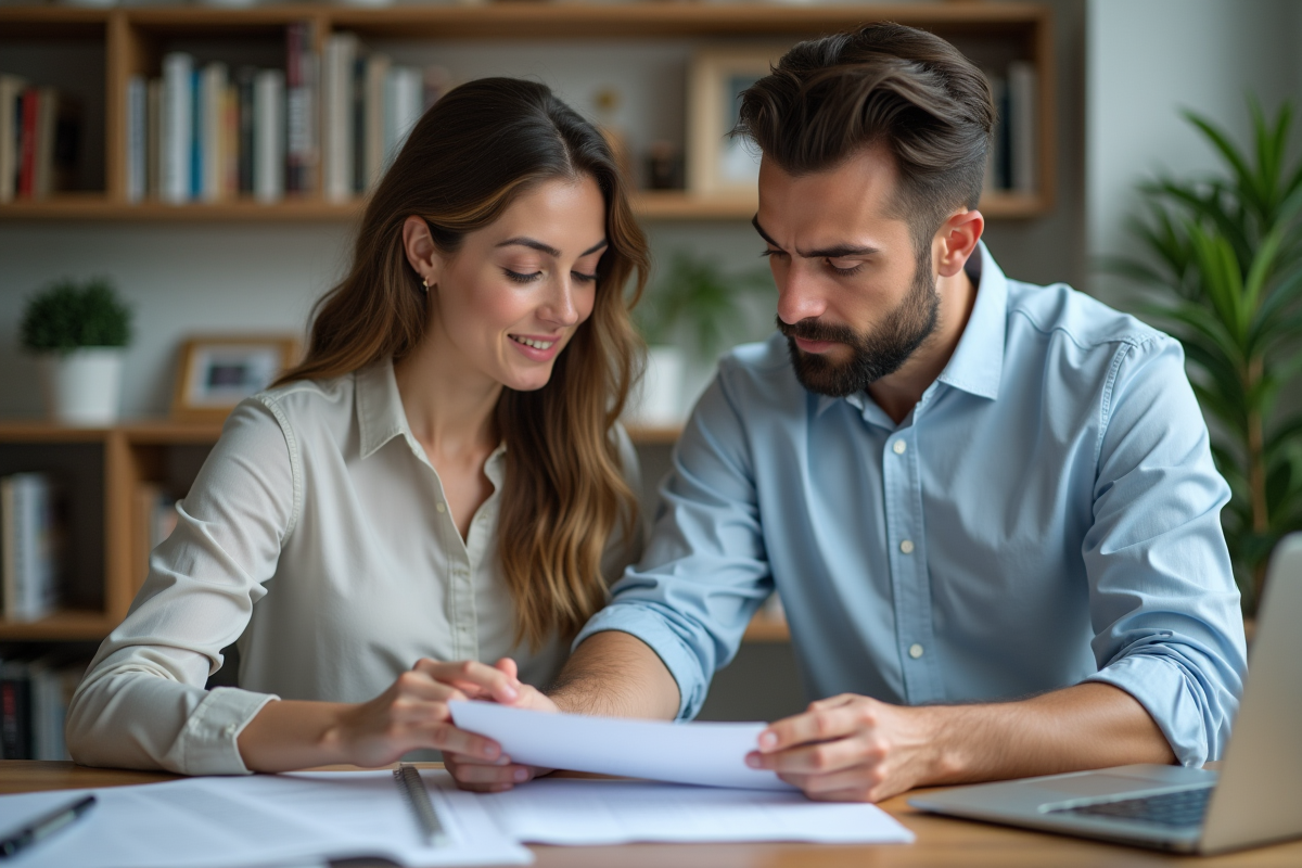 Homme aidant sa femme avec des documents dans un bureau moderne