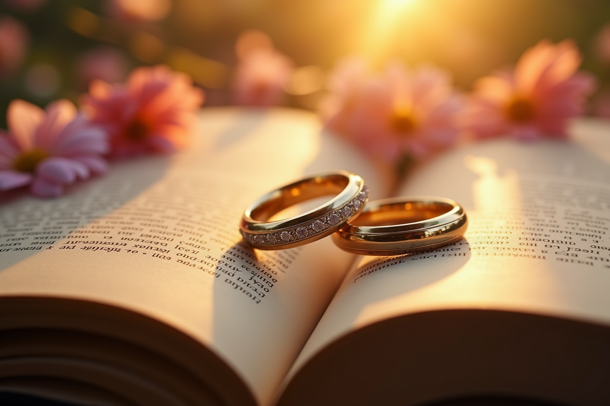 Alliances de mariage sur un livre avec lumière douce