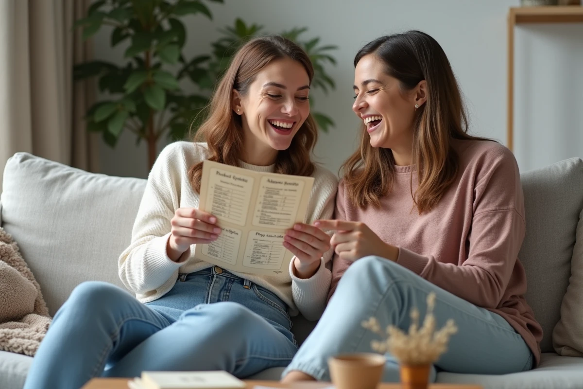 Deux amies riant en lisant des cartes de jeu EVJF imprimées assises sur un canapé lors d'une soirée enterrement de vie de jeune fille sans alcool