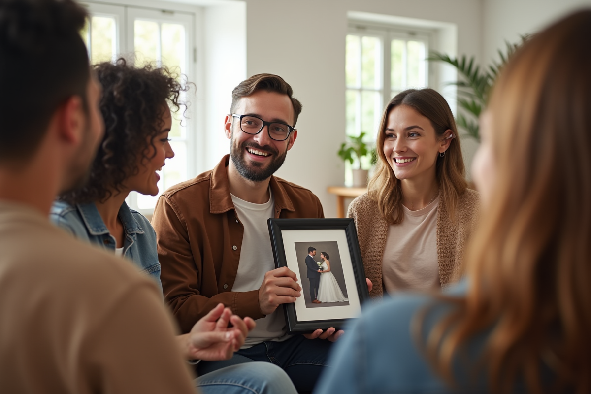 Groupe d amis souriants dans un salon lumineux