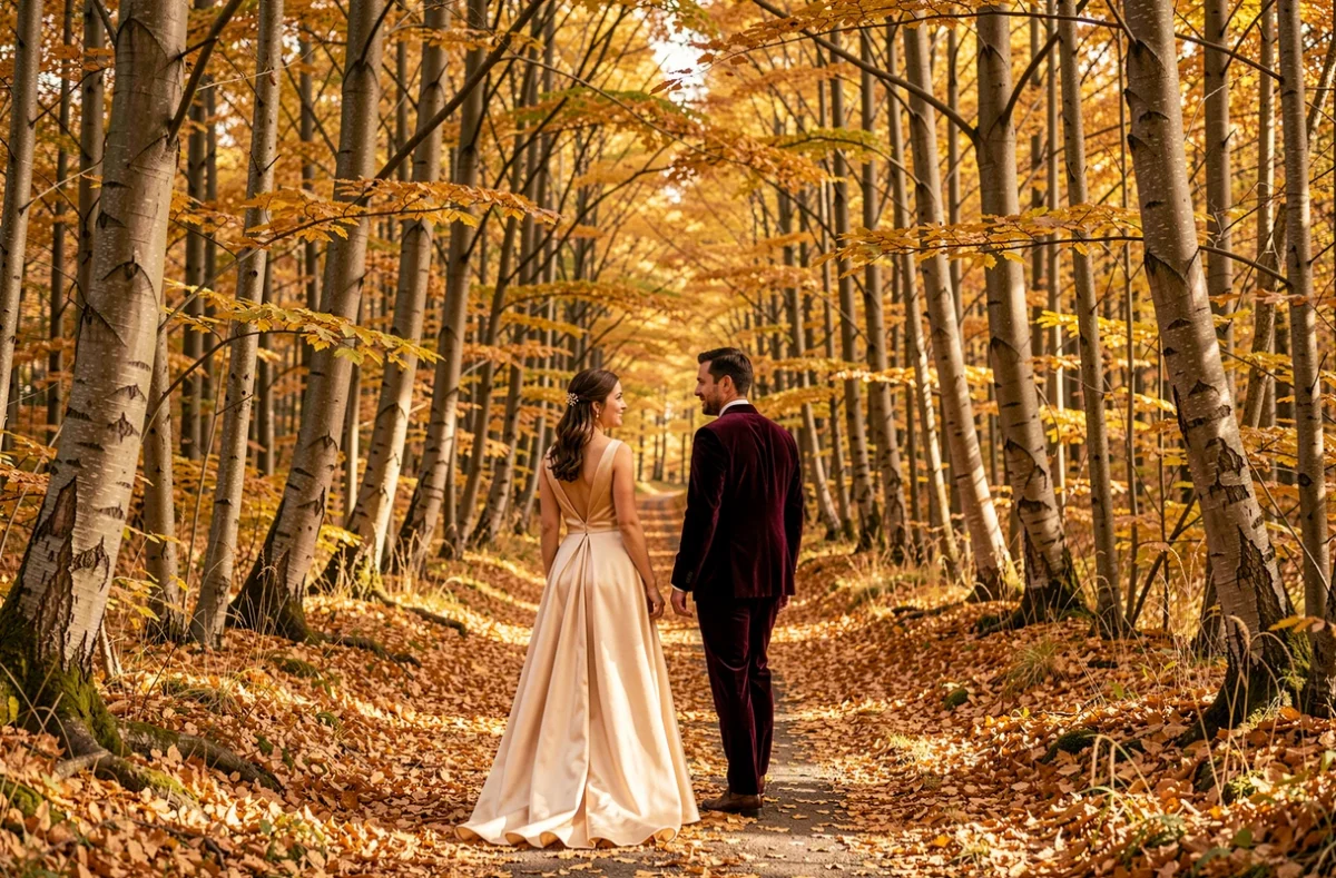 Mariés se promenant dans une forêt de hêtres aux couleurs d'automne en Auvergne