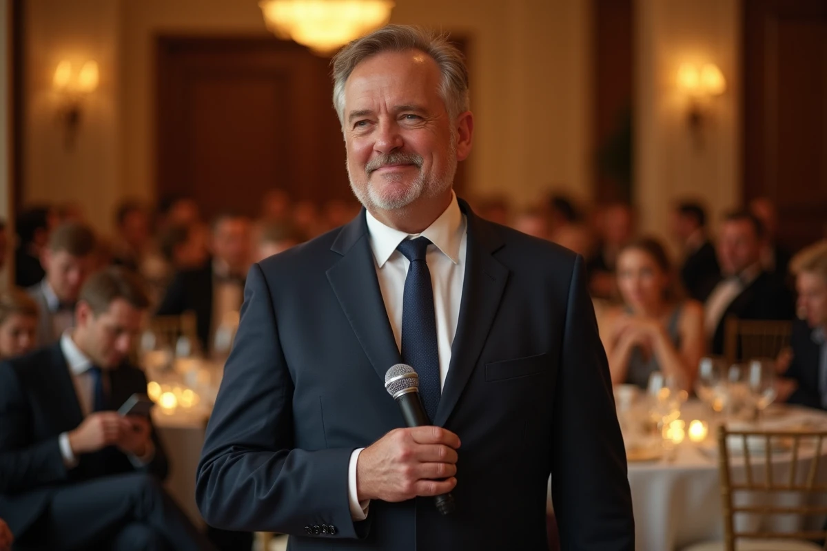 Animateur de mariage tenant un micro face à des invités peu attentifs lors d'un jeu de réception
