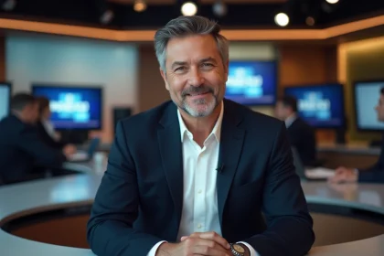 Animateur de télévision assis derrière un bureau de plateau moderne, incarnant le style journalistique de Yann Barthès