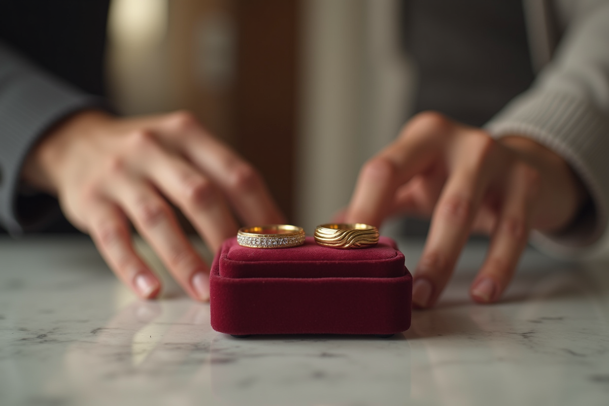 Bagues de mariage en or sur boîte en velours avec mains en arrière
