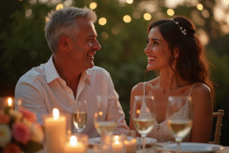 Couple célébrant leur anniversaire de mariage en extérieur