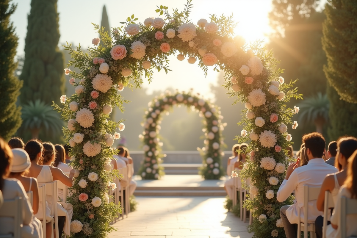 Arche de mariage extérieur décorée de fleurs blanches et verdure