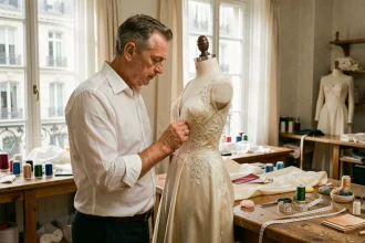 Artisan couturier travaillant sur une robe de mariée en dentelle ivoire dans un atelier de création parisien