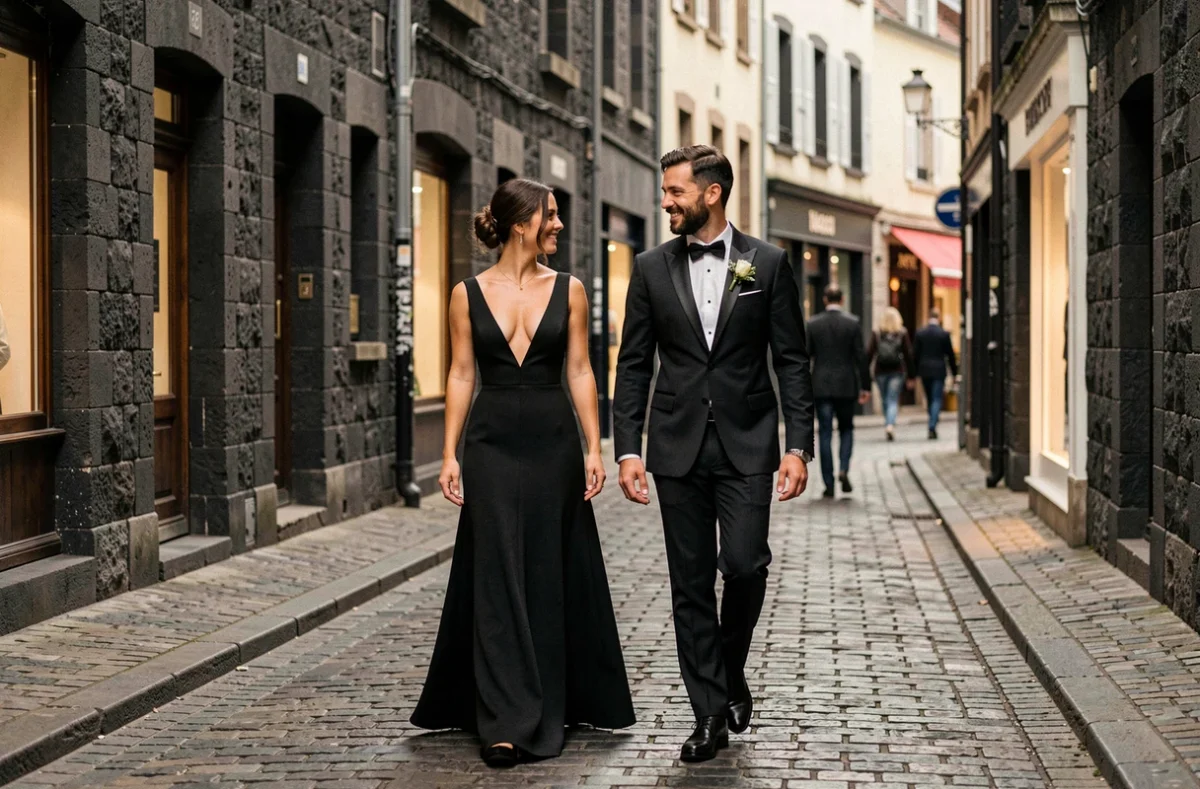 Couple de mariés se promenant dans les rues pavées en pierre noire de Clermont-Ferrand