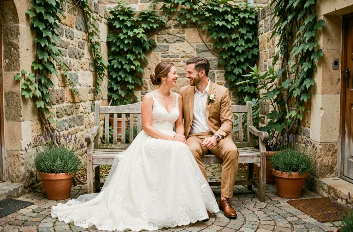 Couple marié assis dans une cour rustique en pierre du Puy-de-Dôme lors d'une séance photo de mariage