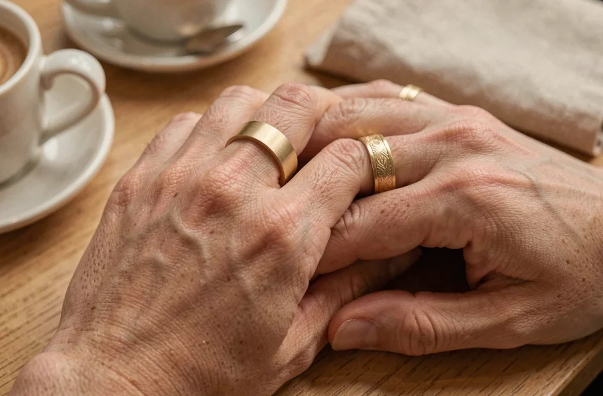 Mains de couple enlacées portant des bagues duo assorties en or, bague homme mate et bague femme gravée, sur une table en bois de café
