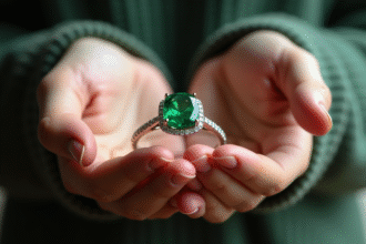 Main tenant une bague en émeraude en gros plan
