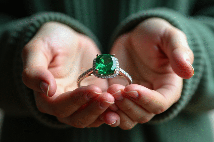 Main tenant une bague en émeraude en gros plan