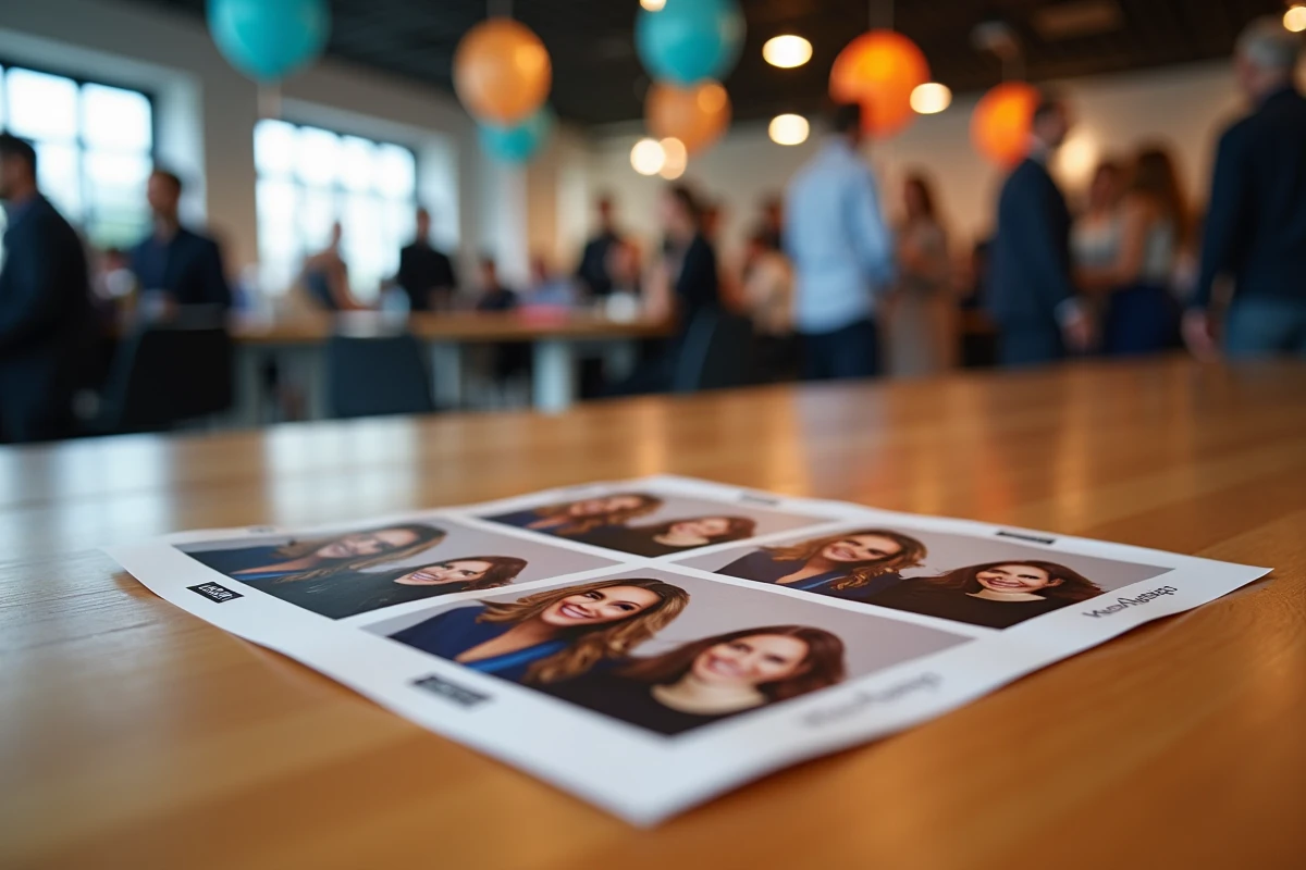 Gros plan sur des planches contact imprimées par un photobooth lors d'un événement d'entreprise avec logo de marque visible sur chaque bande