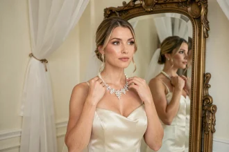Mariée ajustant un collier de perles et strass devant un miroir ancien dans un salon de mariage élégant