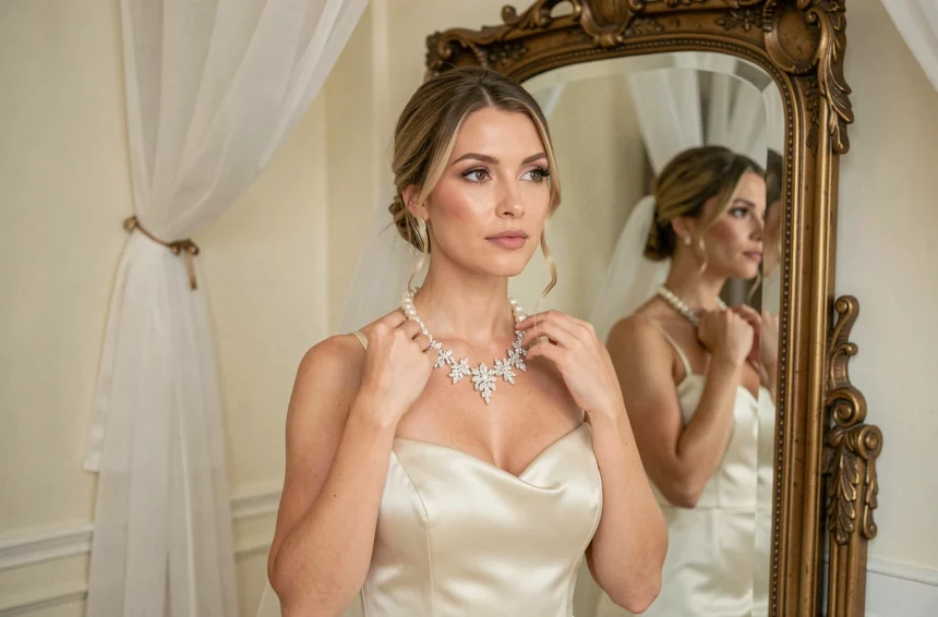 Mariée ajustant un collier de perles et strass devant un miroir ancien dans un salon de mariage élégant