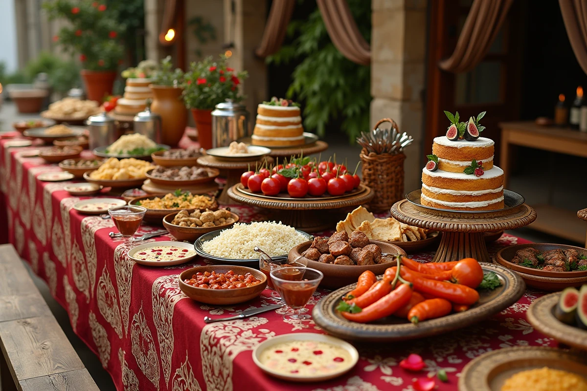 Buffet de mariage gitane avec plats traditionnels, gâteau nu aux figues et nappe brodée sur table en bois rustique