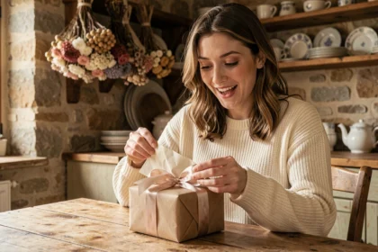 Témoin de mariage qui déballe un cadeau surprise avec une expression émerveillée dans une cuisine rustique en pierre