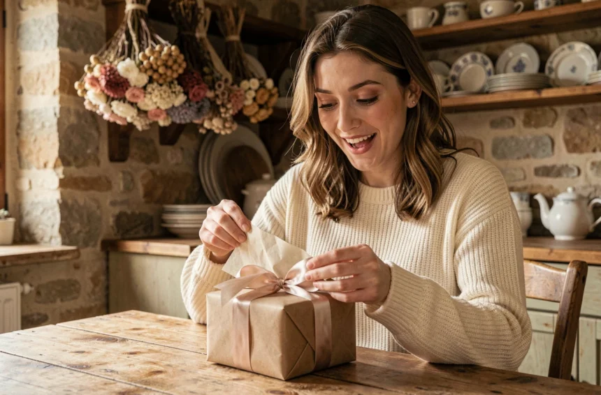 Témoin de mariage qui déballe un cadeau surprise avec une expression émerveillée dans une cuisine rustique en pierre