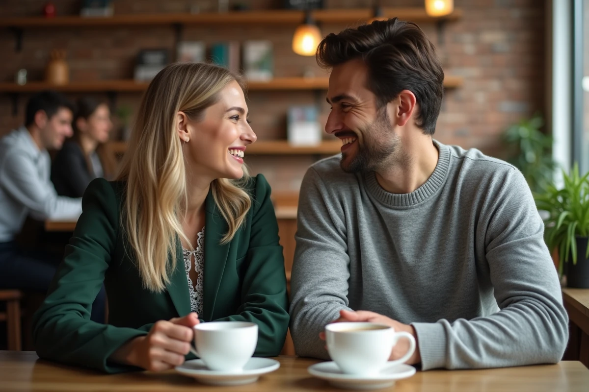 Couple discute dans un café cosy en intérieur