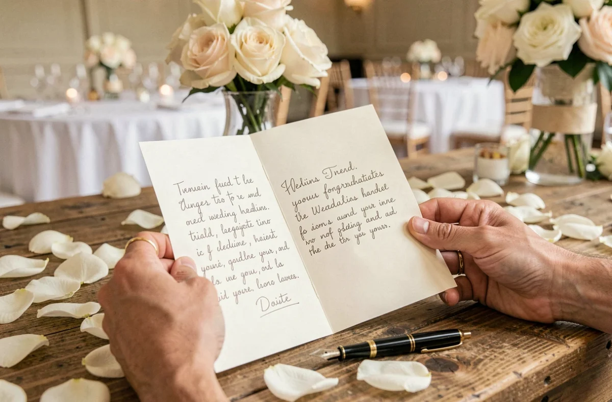 Gros plan de mains tenant une carte de félicitations de mariage manuscrite sur une table décorée de pétales de roses blanches