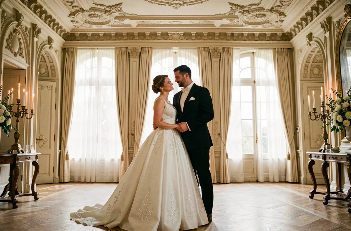 Mariés en tenue de cérémonie dans une salle de château élégante du Puy-de-Dôme