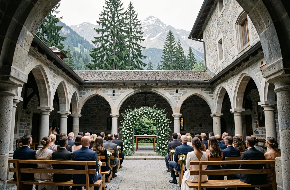 Cérémonie de mariage dans le cloître de la Chartreuse de Pomier avec décor floral blanc et vue sur les Alpes