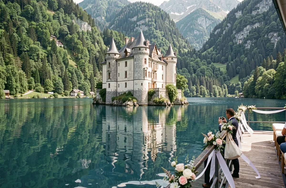 Vue du Château de Duingt sur sa presqu'île du lac d'Annecy lors d'un mariage avec décoration florale au ponton