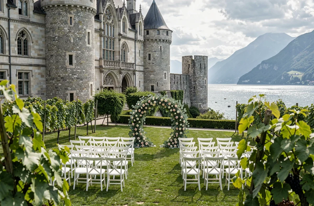 Domaine du Château de Ripaille à Thonon-les-Bains avec cérémonie de mariage en plein air entre vignes et tours médiévales