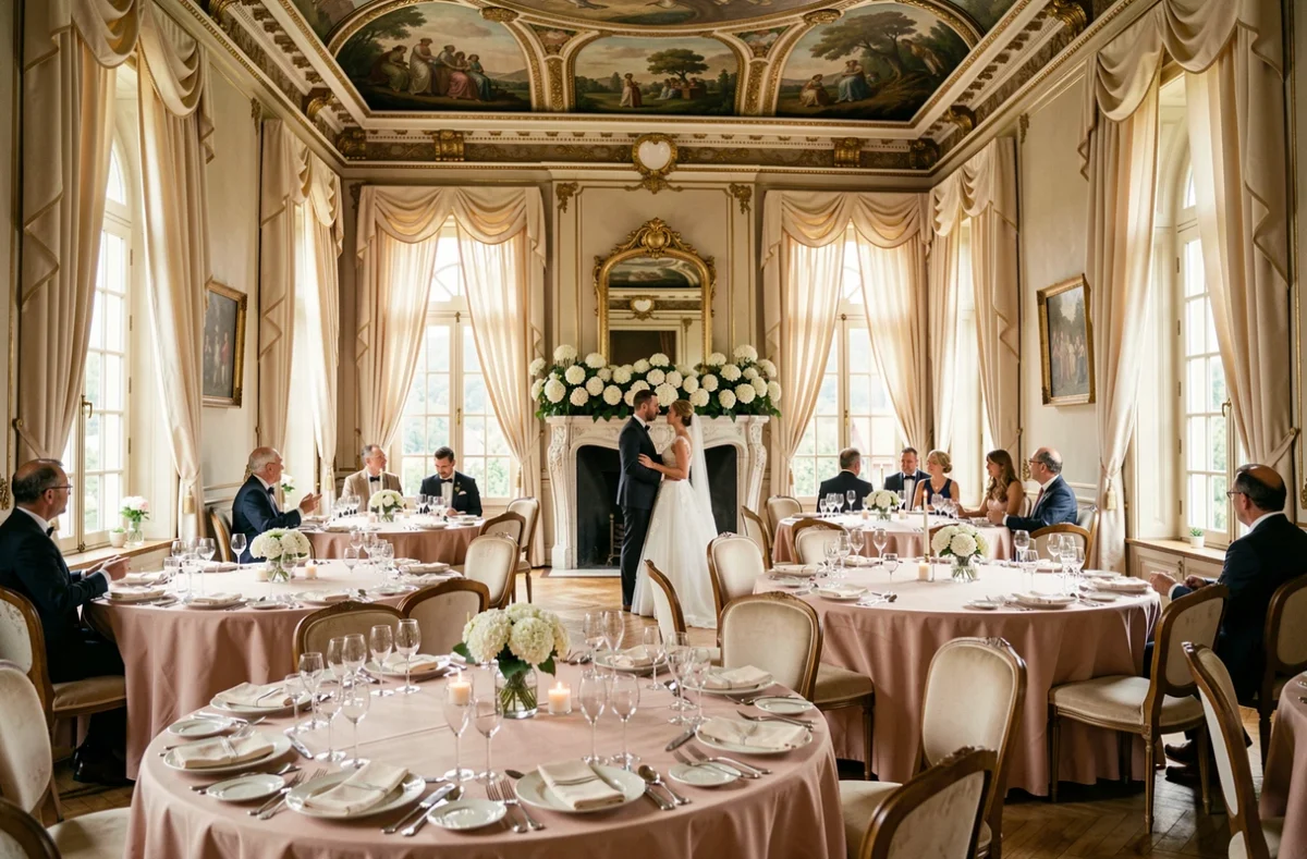 Salle de réception du Château de Thorens en Haute-Savoie décorée pour un mariage avec fresques au plafond et cheminée ornementale