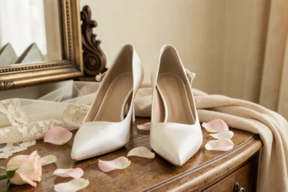 Chaussures blanches en satin pour mariage posées sur une coiffeuse en bois avec détails en perles et voile en dentelle ivoire