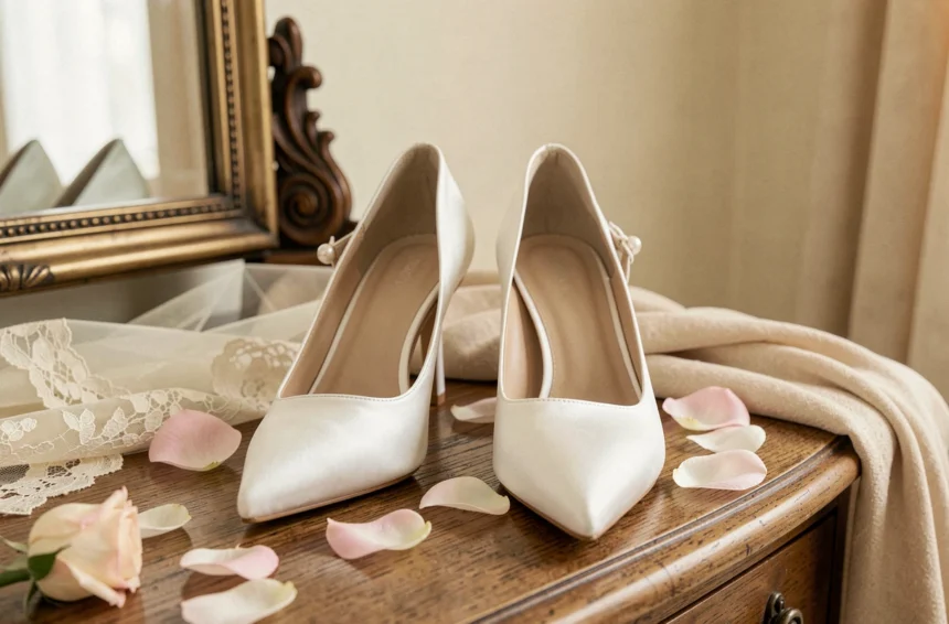 Chaussures blanches en satin pour mariage posées sur une coiffeuse en bois avec détails en perles et voile en dentelle ivoire