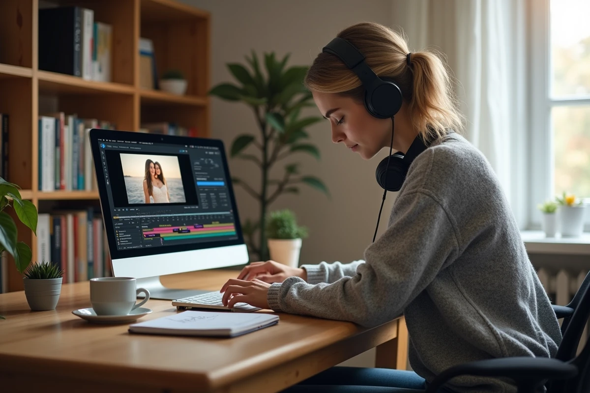 Femme choisissant la musique pour un diaporama mariage sur son ordinateur portable à la maison