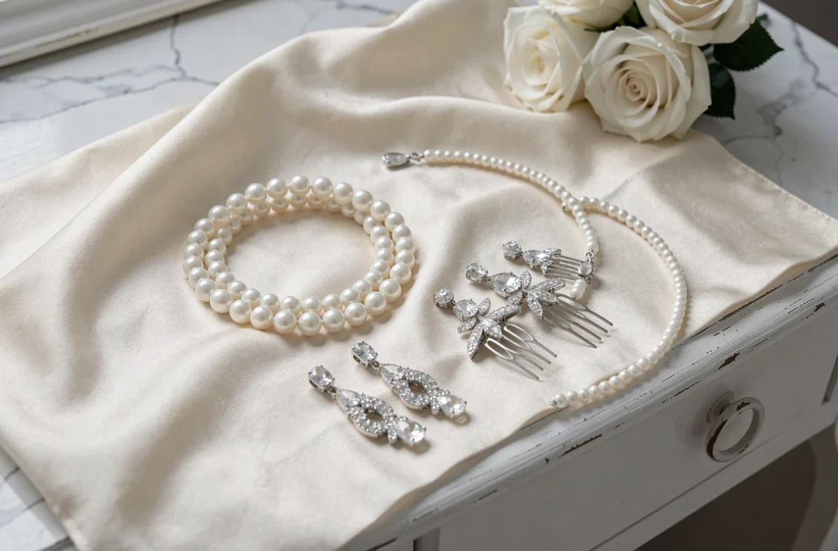 Assortiment de bijoux de mariage perles et strass disposés sur une table de coiffeuse en bois blanc vintage