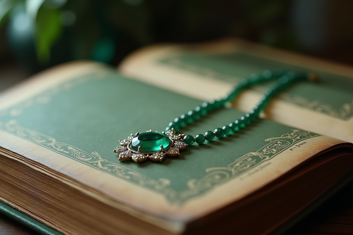 Collier en émeraude posé sur un album de mariage ancien