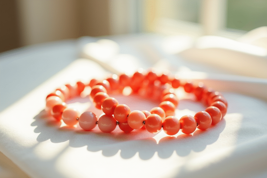 Colliers en corail posés sur une nappe blanche lumineuse