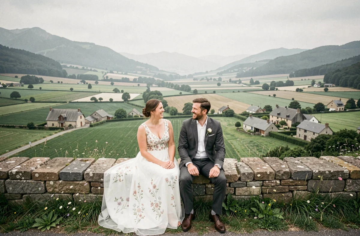Couple de mariés assis sur un muret en pierre avec une vue panoramique sur une vallée du Puy-de-Dôme