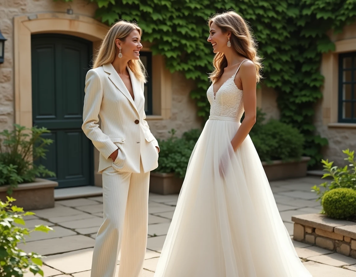 Deux femmes comparant un costume blanc structuré et une robe de mariée traditionnelle dans un jardin pour choisir leur tenue de cérémonie
