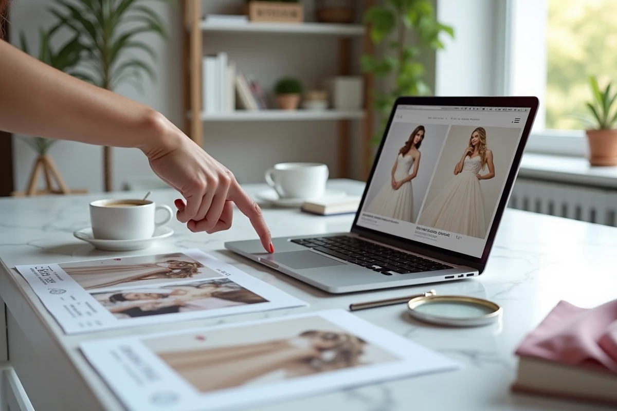 Comparaison en ligne de robes de mariée pas chères et de modèles de luxe sur un bureau avec catalogue et échantillons de tissus