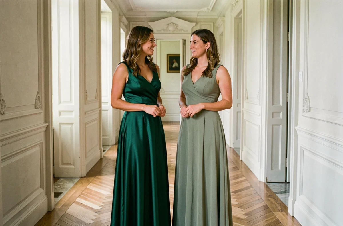 Comparaison robe verte satinée et mate portées par deux femmes dans un château lors d'un mariage