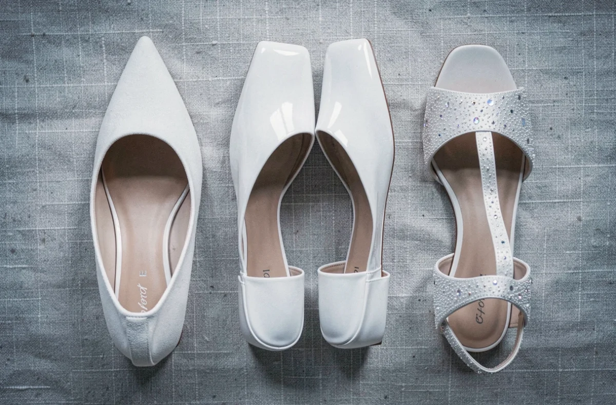 Comparaison de trois styles de chaussures blanches de mariage en vue du dessus : escarpins en daim, mules vernies et sandales perlées