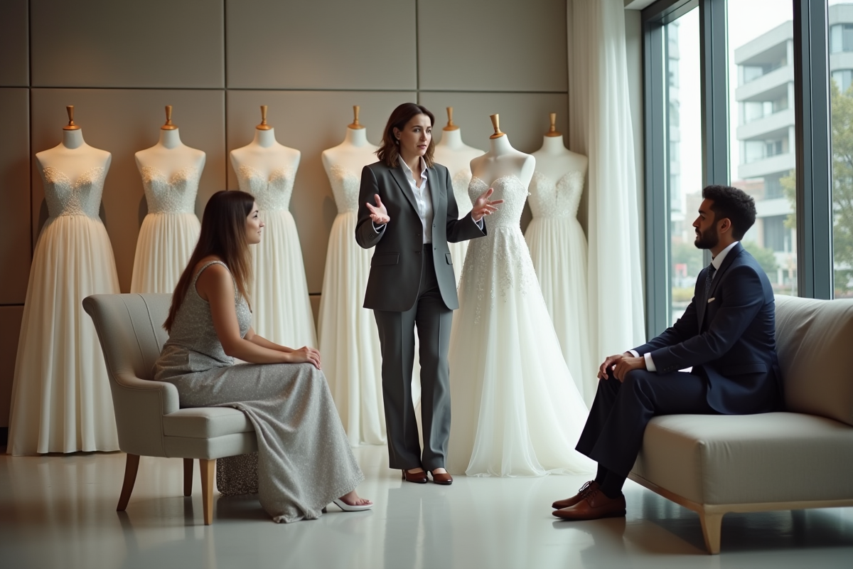 Consultante en mariage présentant des robes à un couple