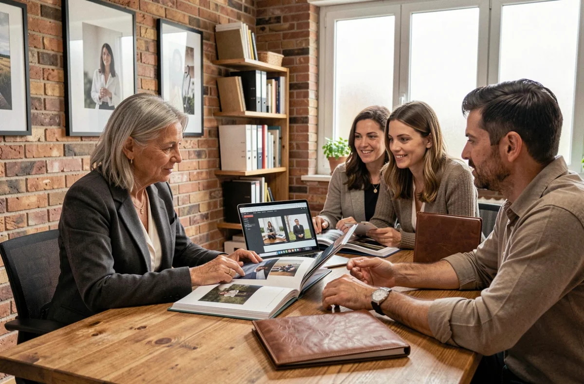 Photographe et clients consultant des albums photos dans un studio à Maisons-Alfort