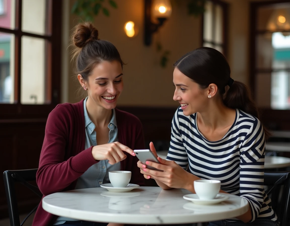 Deux femmes discutant de la notoriété d'une personnalité publique autour d'un smartphone dans un café parisien, évoquant la curiosité autour de Pauline Sanzey