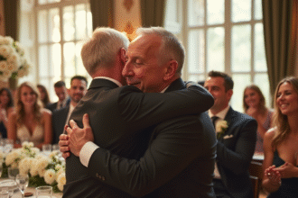 Père et fils partageant un câlin émouvant lors d'un mariage