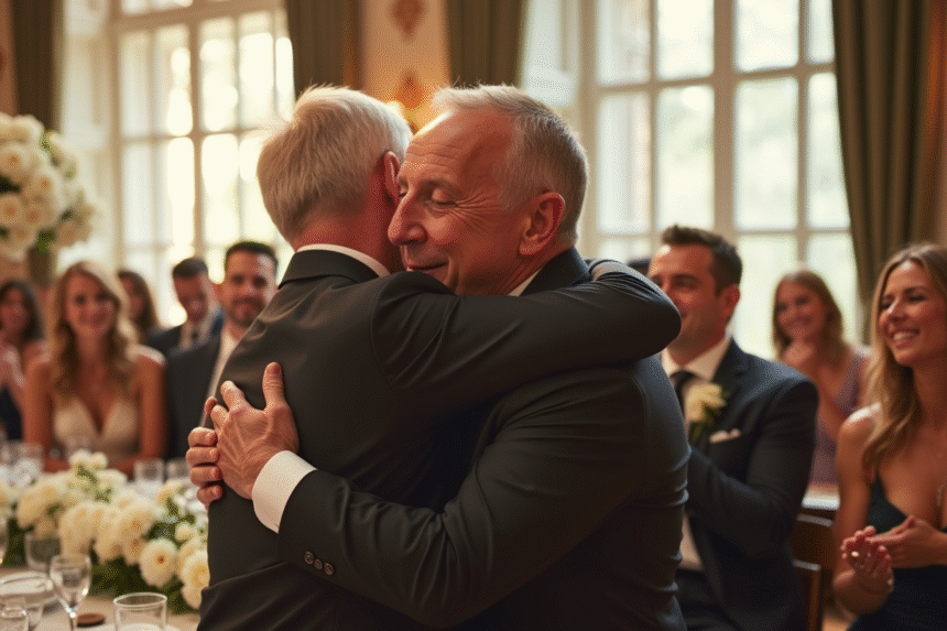 Père et fils partageant un câlin émouvant lors d'un mariage