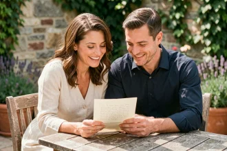 Couple fêtant 15 ans de mariage en lisant une lettre d'amour manuscrite dans un jardin ensoleillé