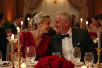 Couple célébrant leurs 35 ans de mariage lors d'un dîner élégant décoré de roses rouges pour les noces de rubis